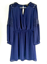 NWOT Express Women's Long Sleeve Dress Size M Navy Blue Lace Keyhole Boho