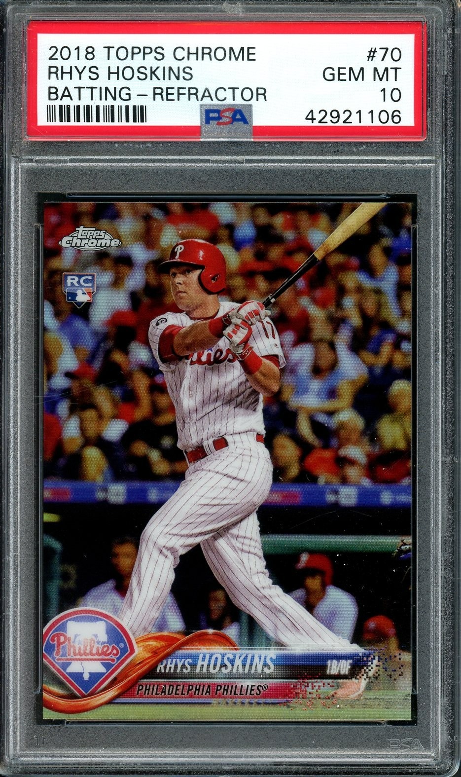 2018 Topps Chrome #70 Rhys Hoskins Batting Refractor PSA 10