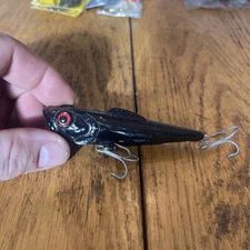 Matzuo America 4” top water plug Black Red Eyes 3/4 Oz Vtg Striper Blue Fish Plg