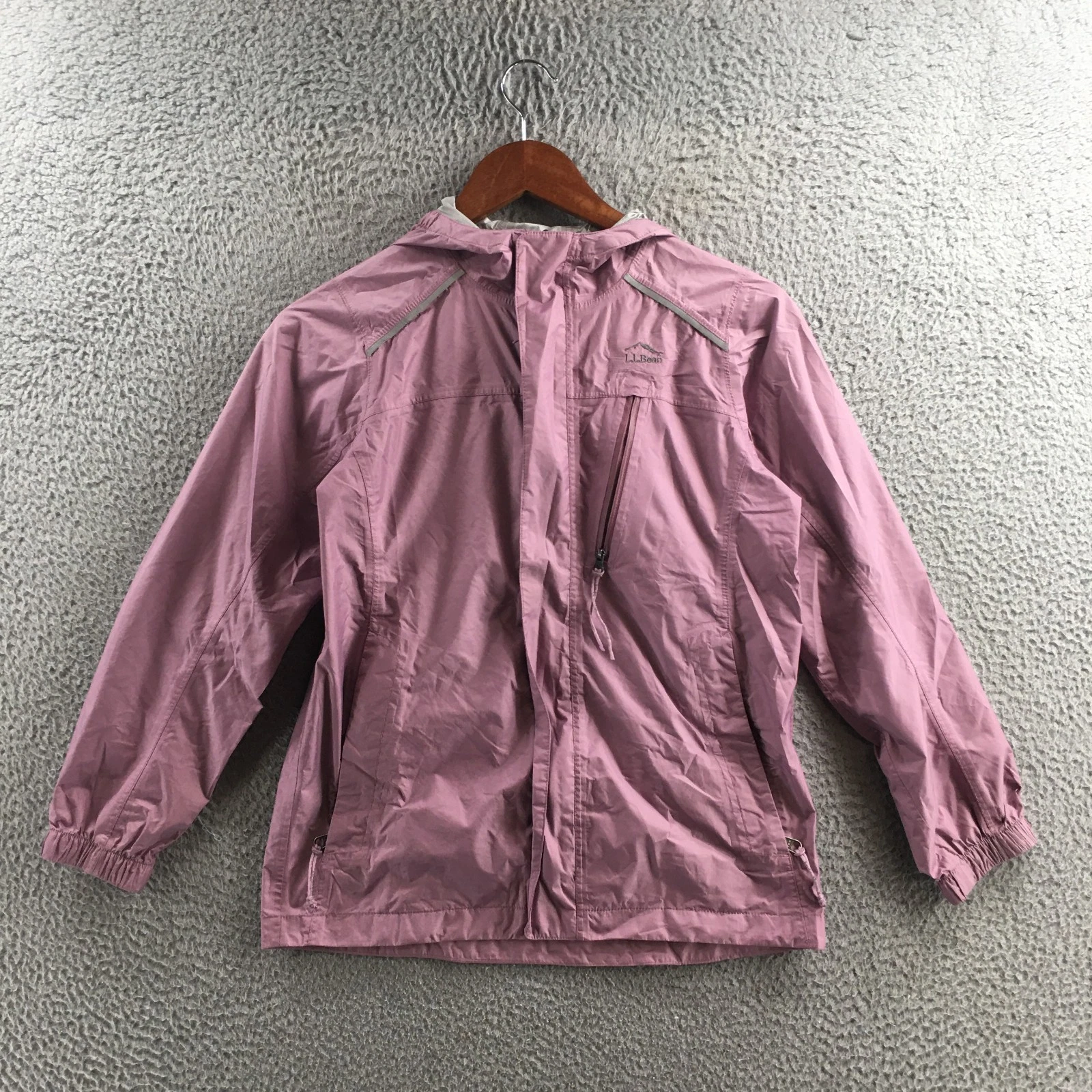 LL Bean Rain Jacket Mens 10-12 Purple Nylon Long Sleeve Hooded Full Zip Pockets