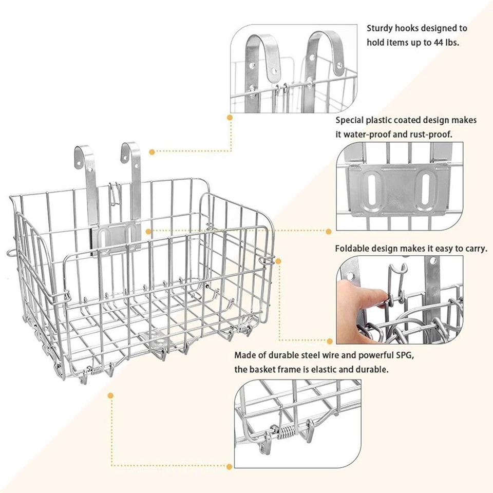 Cesta plegable delantera trasera para bicicleta, malla de alambre plegable cesta delantera desmontable, 1 pieza Foto 2 de 4