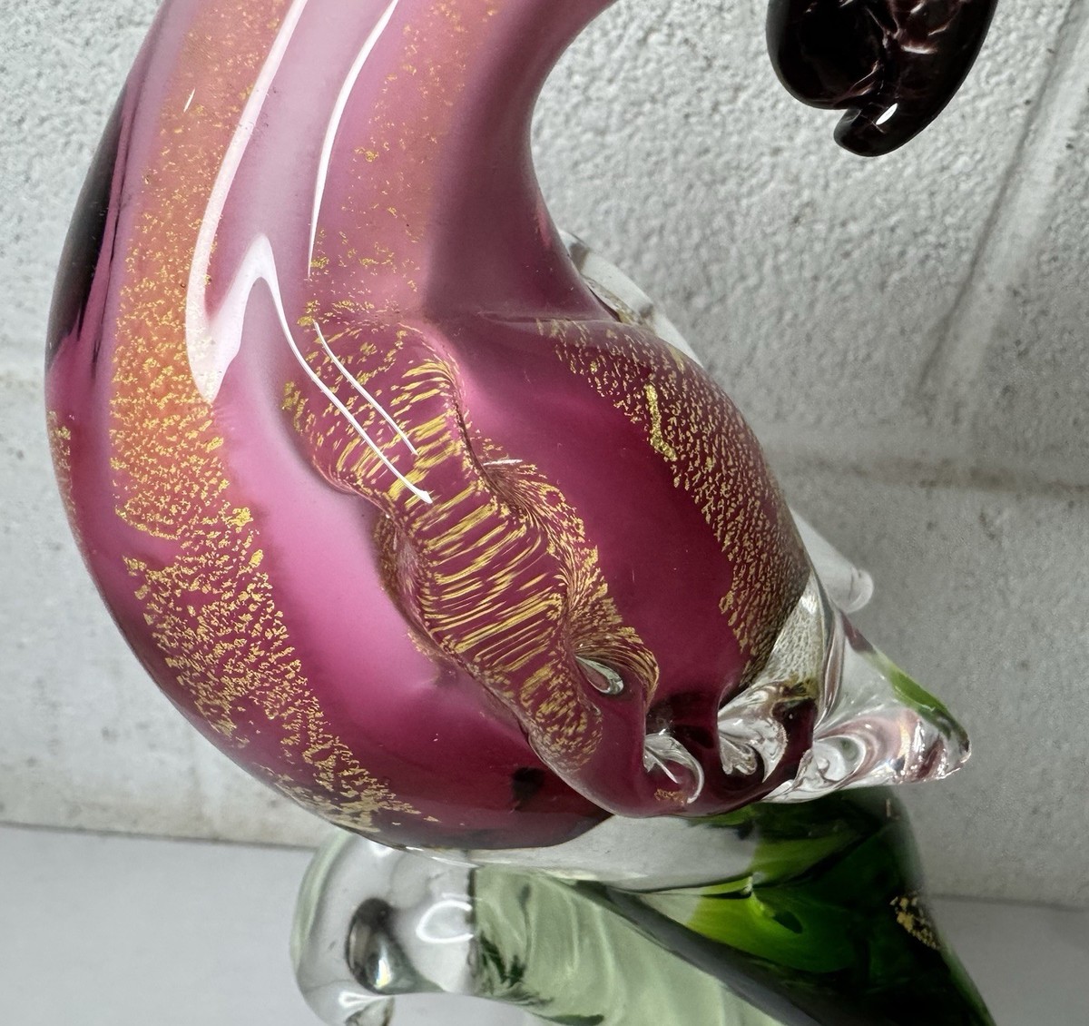 Formia Murano Art Glass Cockatoo Sculpture Parrot Pink Gold Flecks