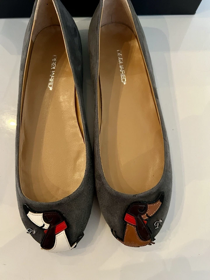 DSQUARED2 38.5 7.5 Gris Gamuza Salchicha Perro Apliques Ballet Pisos Foto 3 de 4