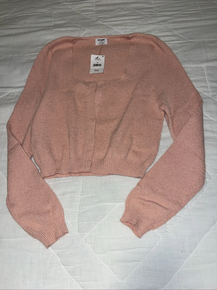 Top suéter de algodón para mujer manga larga cuello redondo rosa mediano corto Foto 2 de 4