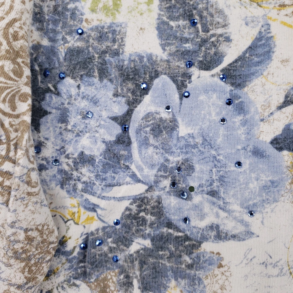 Camiseta Nicole Miller Mujer XL Blanca Manga 3/4 Cuello en V Cuentas Y2K Floral Foto 4 de 4