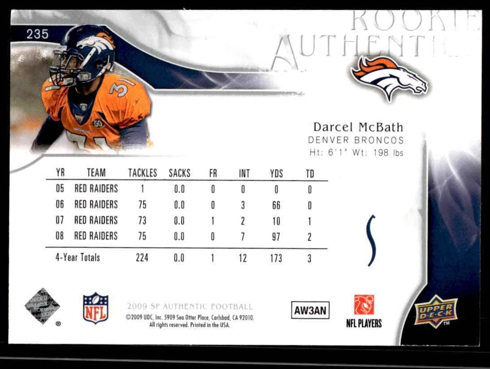 2009 SP Authentic Darcel McBath Rookie 066/999 Denver Broncos #235 R96 - Image 2 of 2