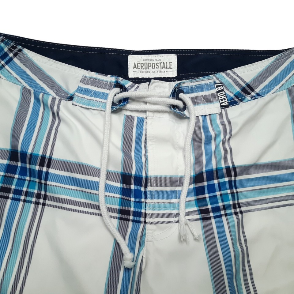 Aeropostale Swim Board Shorts Size 33 Blue Plaid Logo Surfing 11 in