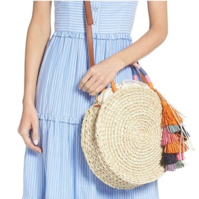 Nordstrom Joni Circular Raffia Straw Woven Bag Beach Boho Summer Tassel 