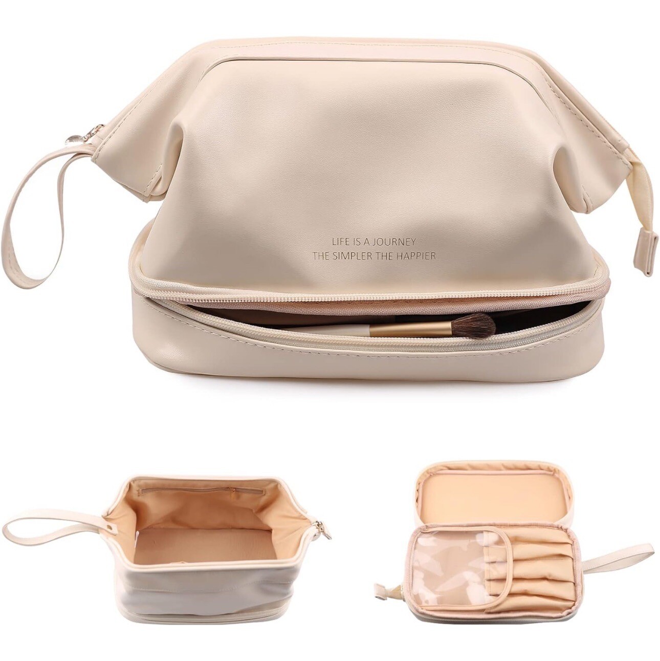 White Leather Double Layer Travel Makeup Bag-image