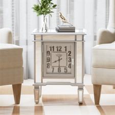 Luxury Coffee Side Table Mirrored End Table Nightstand Storage w/ Clock Display