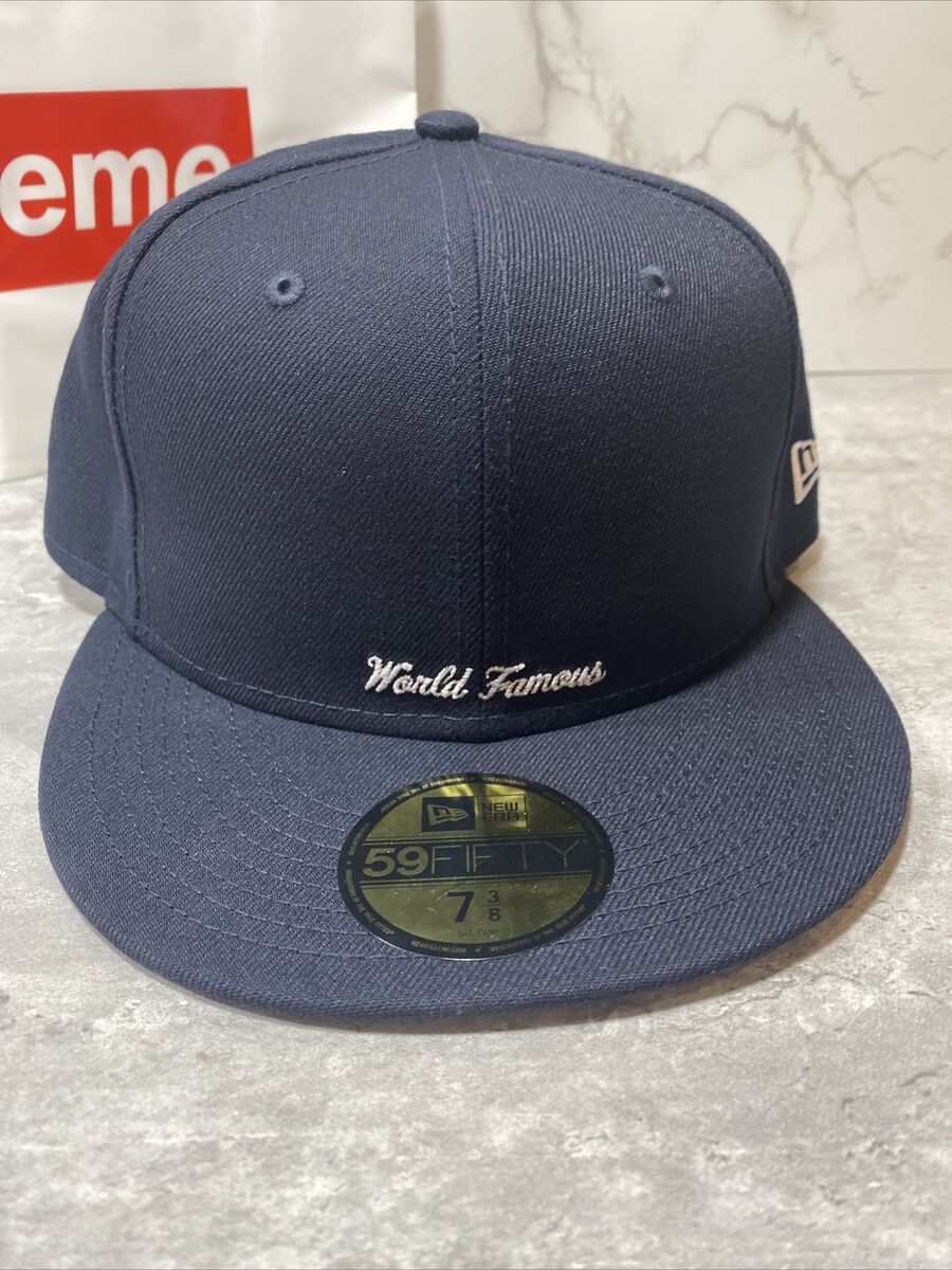 World Famous Supreme Reverse Box Logo New Era Fitted Hat Navy 7 3/8
