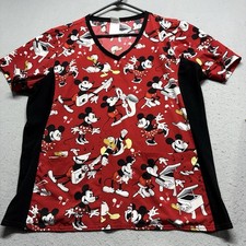 Disney Mickey Mouse Scrub Top Womens Large Red Musical Theme Nurse Medical Shirt