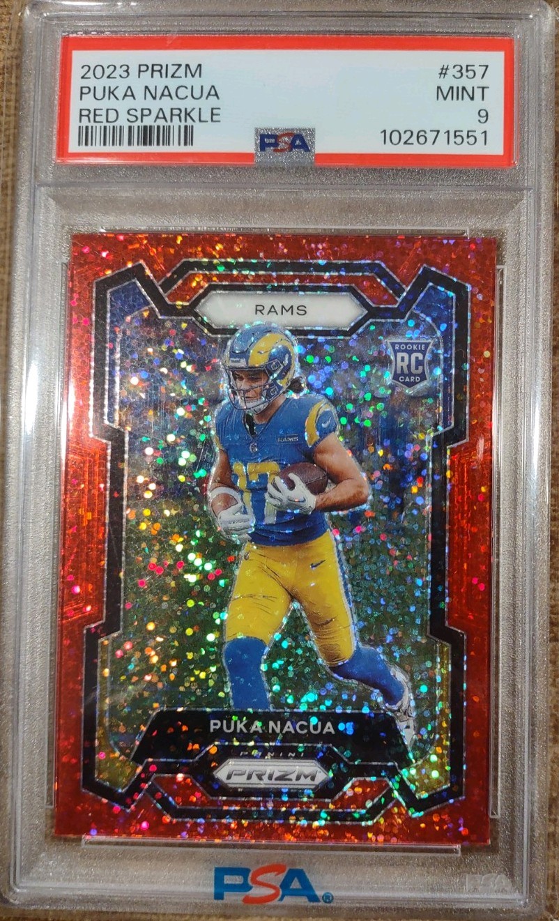 2023 Panini Prizm Puka Nacua #357 Red Sparkle Prizm RC PSA 9