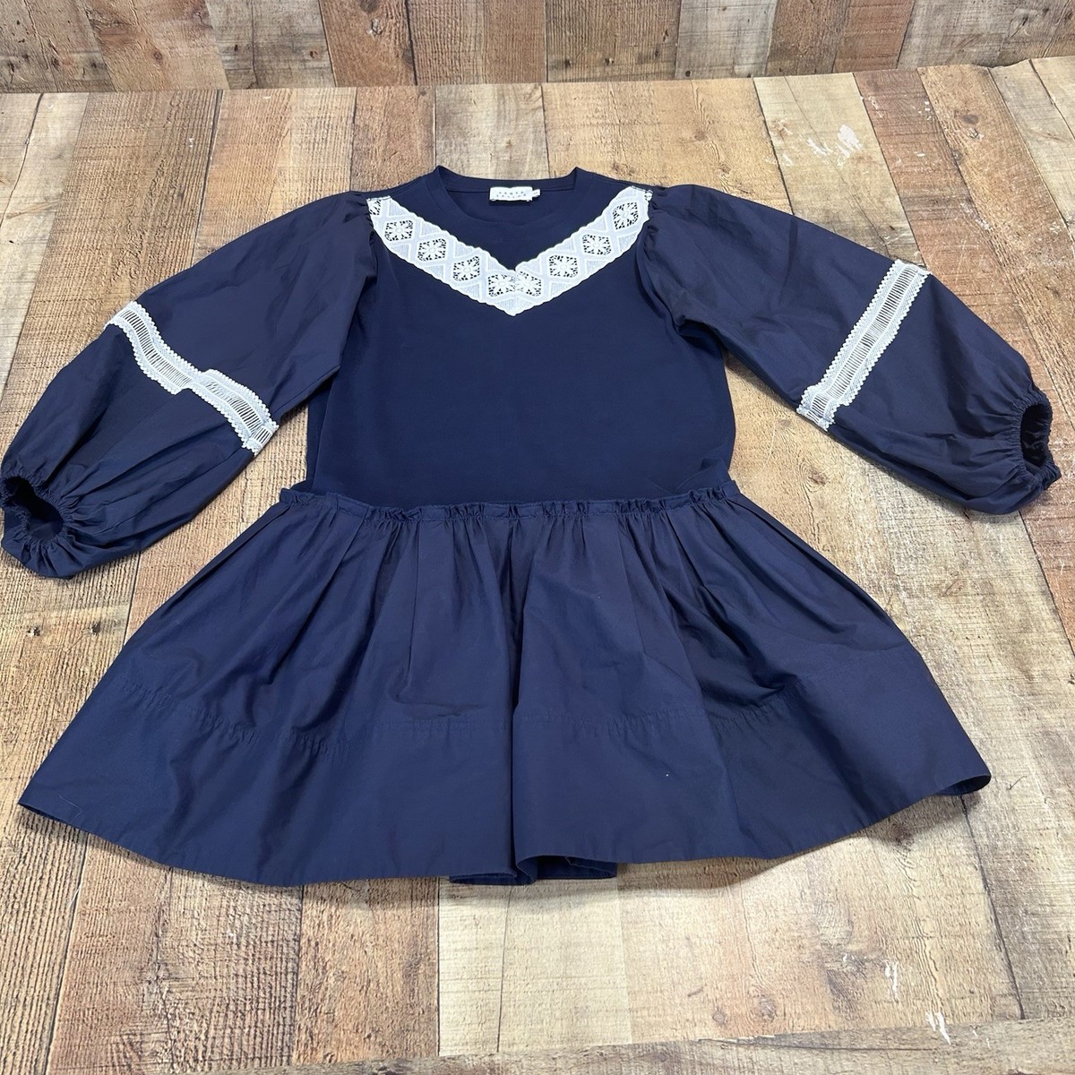 Tanya Taylor Puff Sleeve Kirstie Mini Dress Navy and White Women’s Size XS View 5