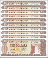 Guyana 10 Dollars, 1966-1992 ND, P-23f, UNC X 10 PCS