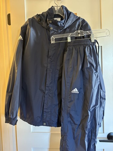 Adidas Rain Suit Navy Unisex Small Wind Breaker Pull On Pant & hooded Jacket Set