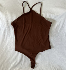 H M Brown Halter Bodysuit Size M Medium Thong Back High Neck Cross Straps