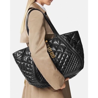 Versace Greca Large Quilted Goddess Calf Leather Black Tote Bag 1011570 IT New