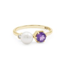 Women Gold Plated 925 Silver Pearl Ring Natural Amethyst Gemstone Jewelry Gift