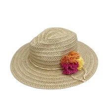 Tropical Trends 100% Paper Woven Wide Brim Sun Hat Colorful Pom Poms OS 21.5”