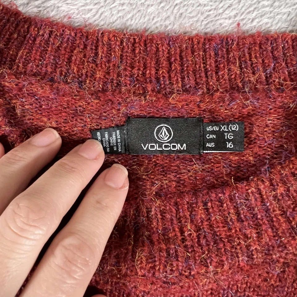 Volcom Sweater Womens XL Red Striped Crewneck Pullover Textured Knit Winter - Image 3 of 4