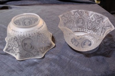 Great Pair Victorian Acid Etched Glass Globe Shade Gas Lamp Chandelier Figural