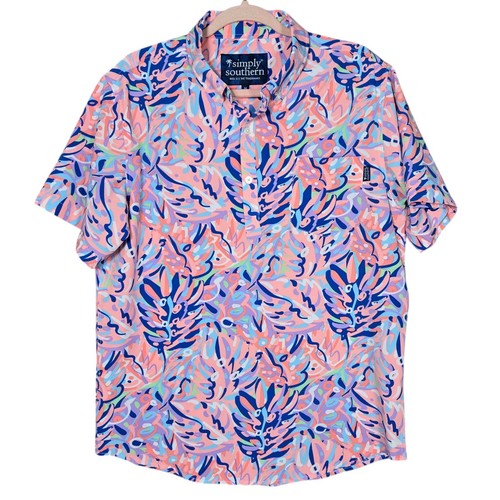 Simply Southern Polo Shirt Mens Medium Performance Golf Bright Tropical Vacation