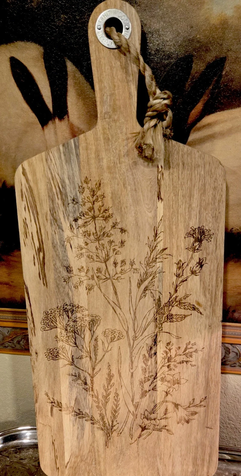 NEW-HOME NATURALS-Fruit Wood Cutting Board-Rope For Hanging-Wildflowers Design-