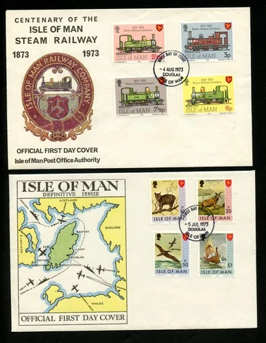 LOT 35542 USED 24-7 28 29-32 33-4 FOUR FDC COVERS TRAINS SHIP THE ISLE OF MAN