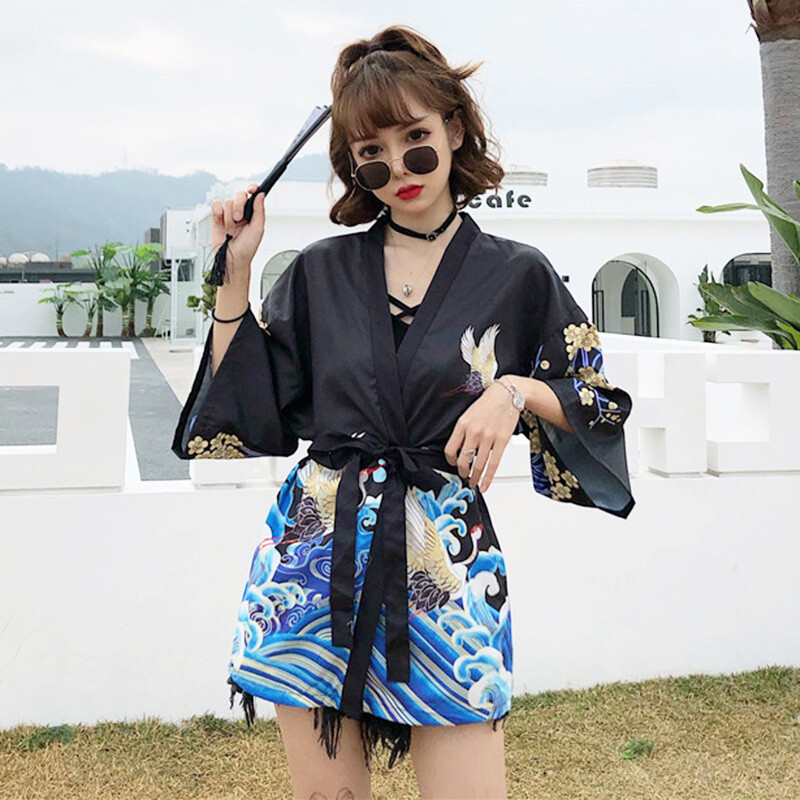 Kimono Giapponese Uomo Yukata Haori Manica 3/4 - Veste Da Casa Con Gru