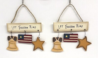 Let Freedom Ring Patriotic Wood Ornament Pair Of 2 Hand Painted America Holiday