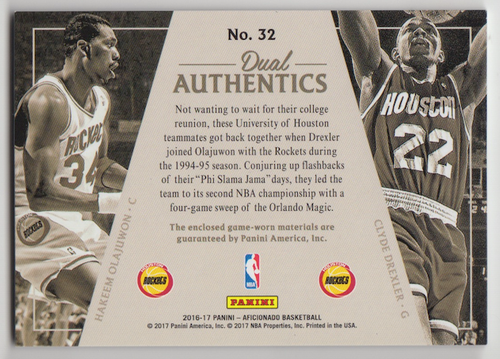 2016-17 Aficionado Hakeem Olajuwon Clyde Drexler Dual Authentics Jersey /299 - Picture 6 of 10