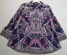 I.N.C Button Up Shirt Women 2X Plus Paisley 3/4 Sleeve Top Pockets Sheer Stretch