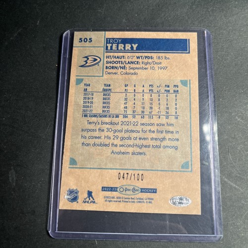 2022-23 OPC Troy Terry Black Parallel #81, /100 Anaheim Ducks - Picture 2 of 2
