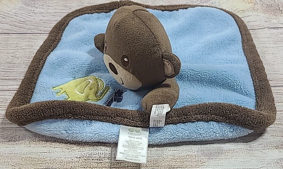 Just Born Plush Monkey Baby Lovey Security Blanket Brown Blue 10" x 10" - Image 4 of 4