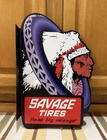 Savage Tires Flange Sign Indian Gas Oil Garage 2 Sided Vintage Style Wall Decor