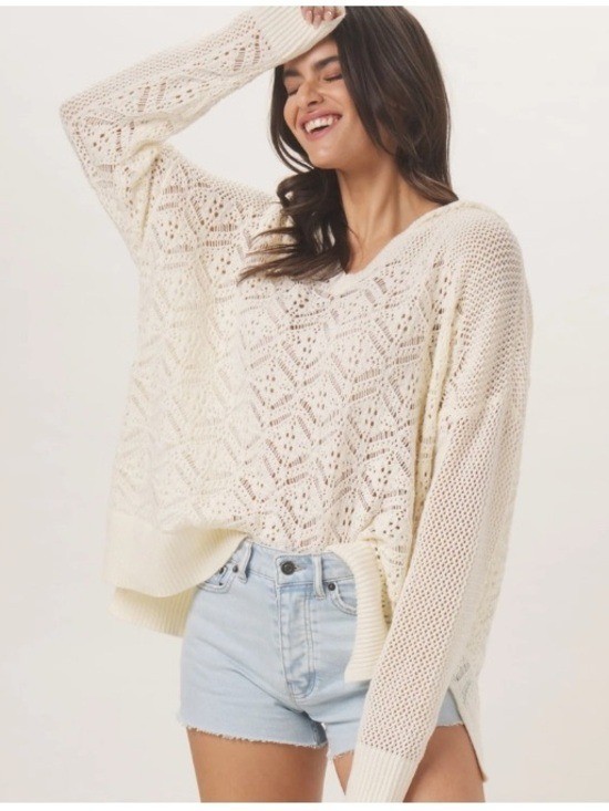 The Normal Brand Colleen Oversized Hoodie Open Knit Crochet Sweatshirt Ivory XS