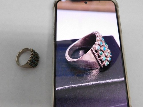 Früher Zuni Sterlingsilber Schlangenauge Cluster Türkis 5-reihig Vintage Ring Größe 8,5 - Bild 5 von 8