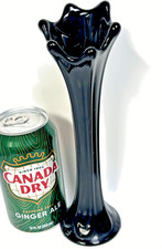 MCM FOSTORIA Black Amethyst Swung Stretch Glass 6 Petal Panel Fluted Vase 9”