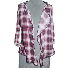 Plaid Flannel Open Front Hooded Top Size Smal