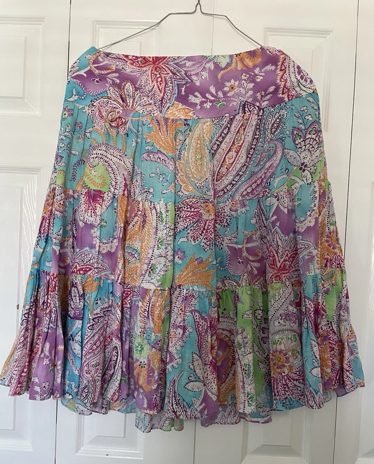 Lauren Ralph Lauren Tiered Paisley Linen Midi Skirt Sz M Boho, Costal