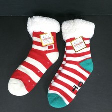 Lot of 2 Sherpa Lined Slipper Socks Christmas Red Beige Non-Slip Adult 9 - 11