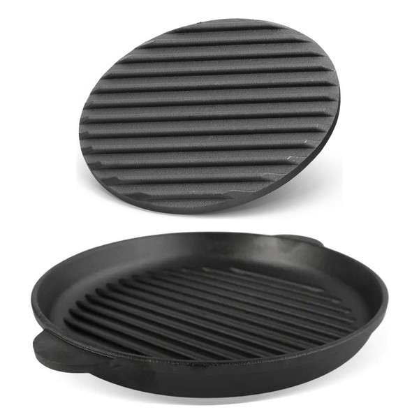 Ø28Cm Grillpfanne Gusseisen BräTer Pressdeckel Schmortopf Zwei Griffe Grill-image
