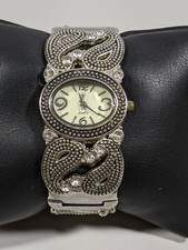 Oval Case Silver Tone Textured Open Cuff Hinge Bracelet Band Watch 6.5 Inch