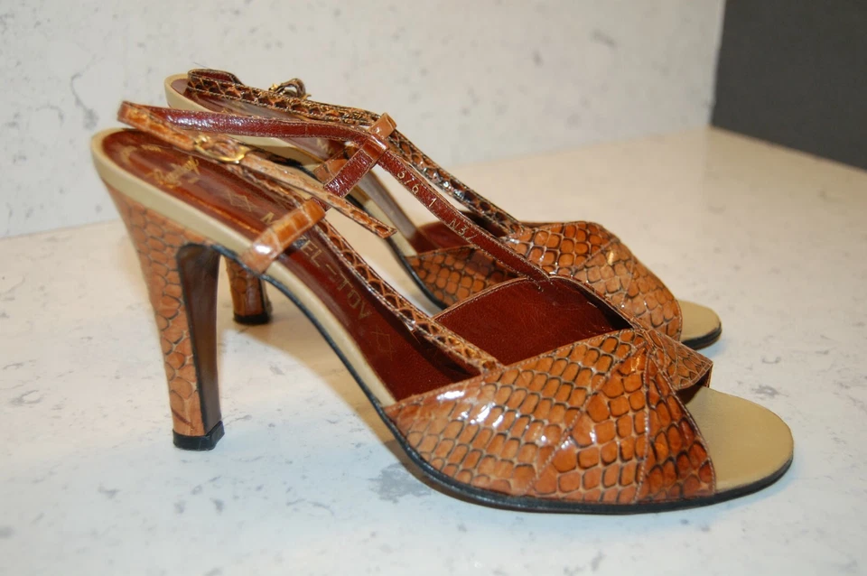 Sexy! ZAPATOS DE TACÓN ALTO DISCOTECA DE COLECCIÓN AÑOS 70 MARRÓN PIEL DE SERPIENTE REAL PUNTA ABIERTA 37/7? Foto 3 de 4