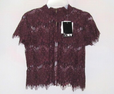Inni Women's Lace Detail Short Sleeve Crop Top, Plum- Small