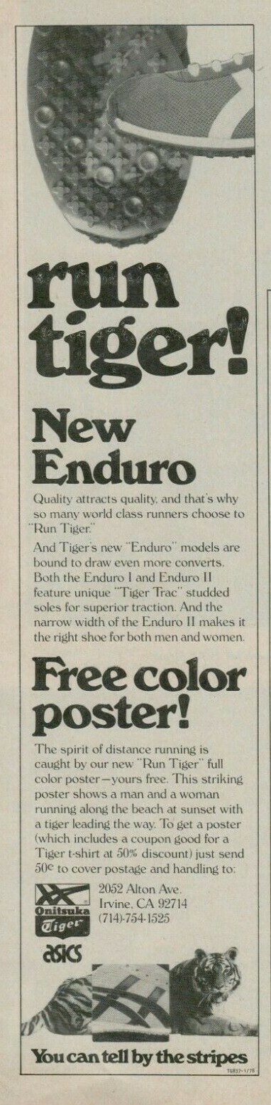 1978 Asics Tiger Enduro World Class Running Shoe Trac Stripes Vintage Print Ad