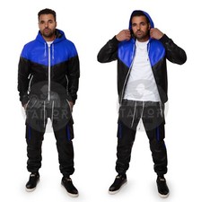 Mens Genuine Lambskin Leather TrackSuit Sweatsuit Black/Royal Blue For Jogging
