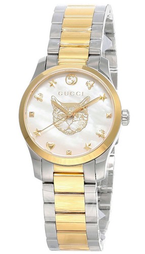 GUCCI $1020 WOMENS G-TIMELESS TWO-TONE, GOLD CAT, MOP DIAL SWISS WATCH  YA1265012 | eBay