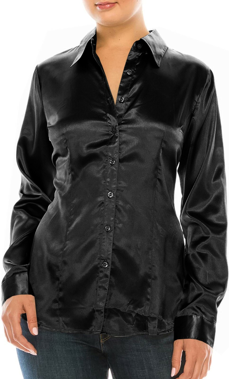 Women Office Wear Shirt Black Satin Button Down Long Sleeve Blouse Party  Top | eBay